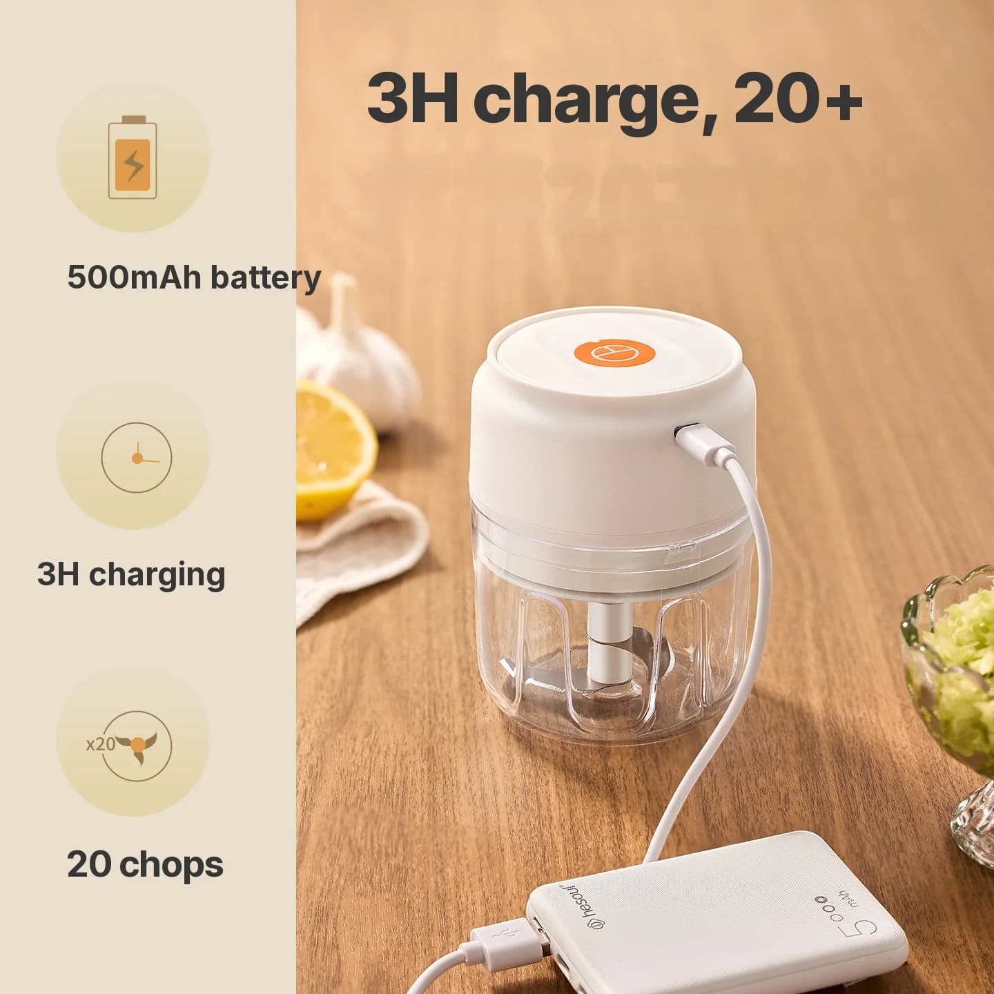 Bežični električni sjeckalica za češnjak, 250 mL, 5 V, 30 W, plastika