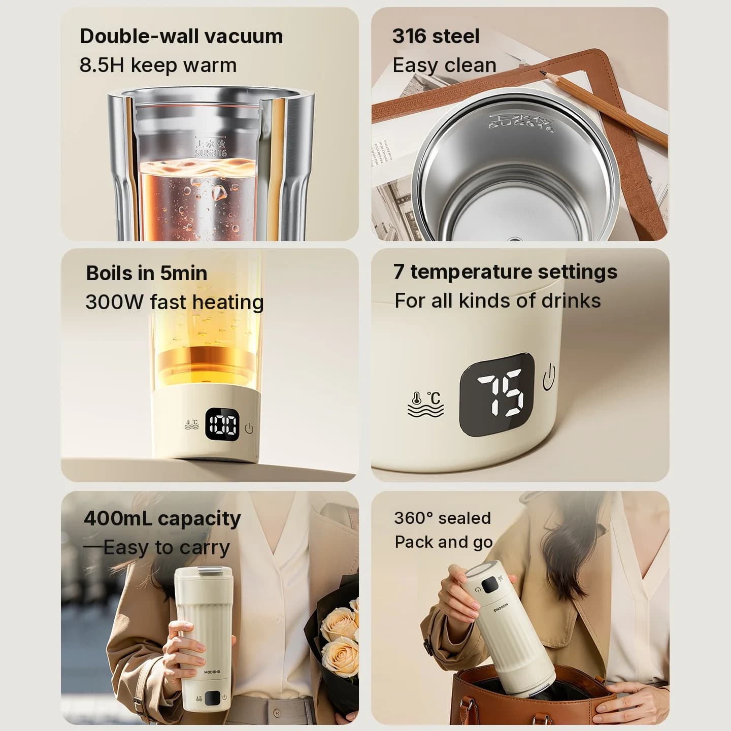 Prijenosna električna šalica za grijanje, 400mL, 7 postavki temperature